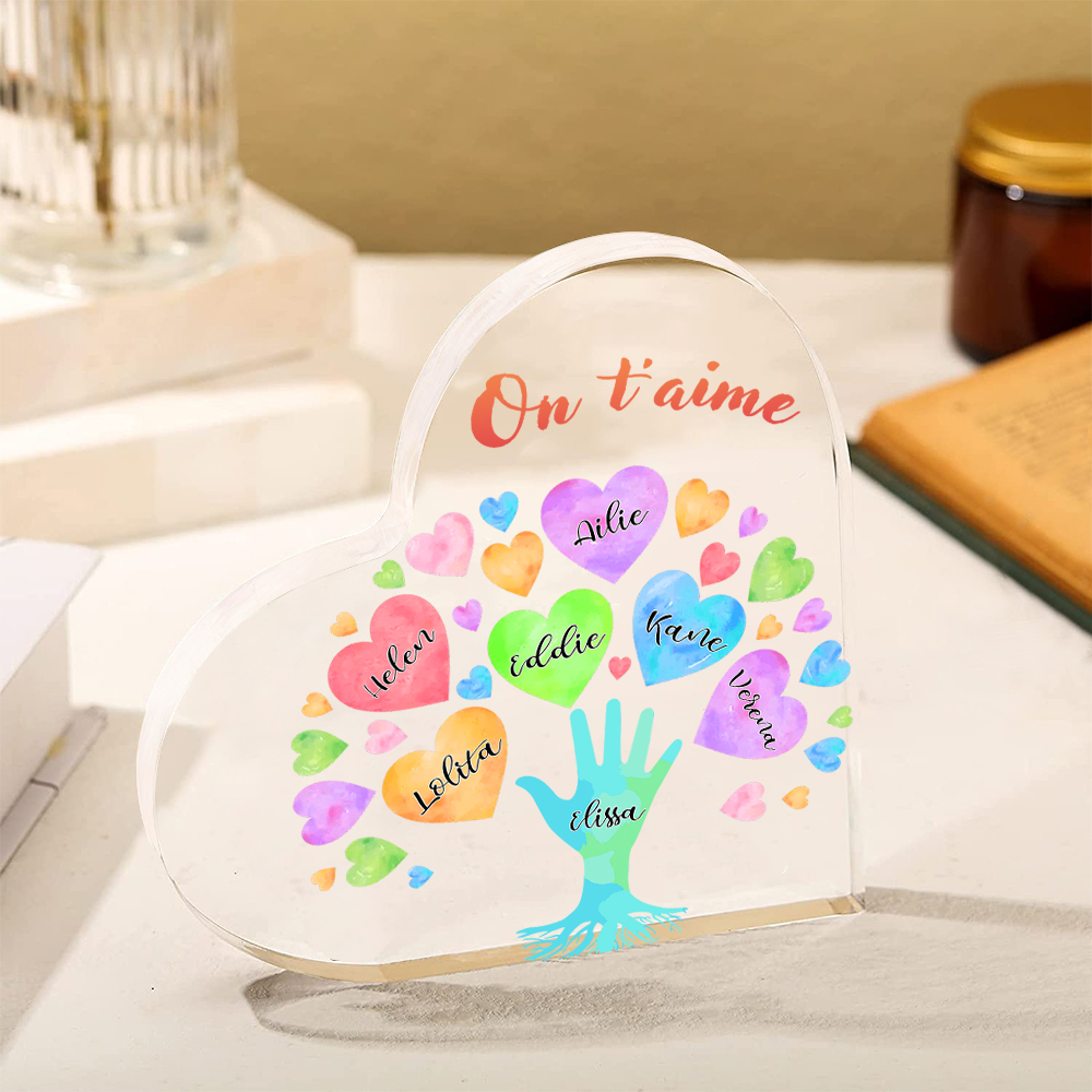 Plaque Acrylique en Forme de Cœur 7 Prénoms Personnalisés avec Texte pour Famille