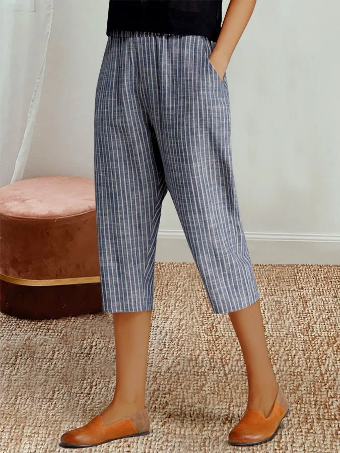 Striped Elastic Waist High Waist Harem Casual Capris