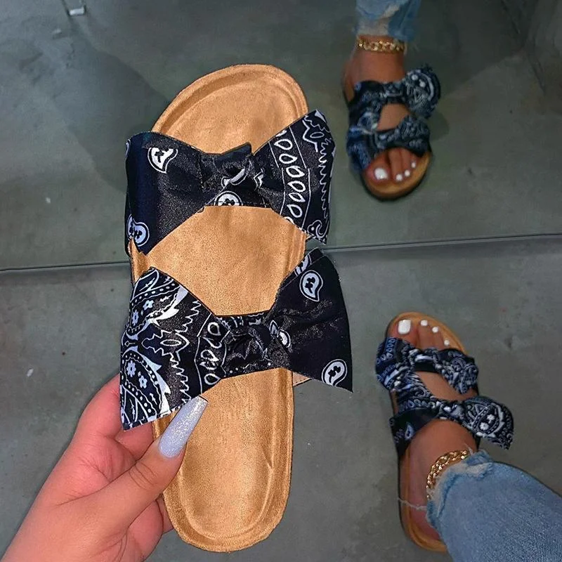 Women Sandals 2021 Summer Sandals For Women Double Bow Satin Cork Slippers Brand Beach Flat Shoes Sandles Sandalias Mujer