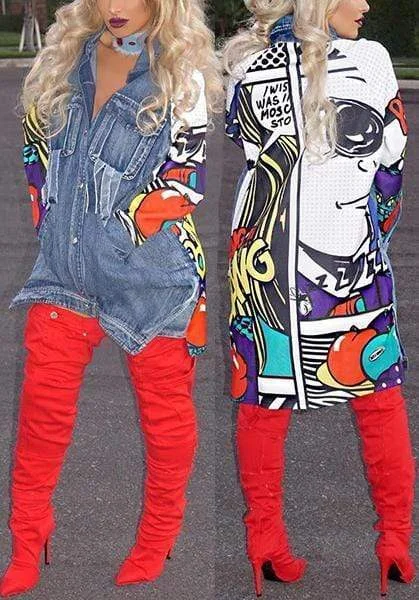 Trendy Turndown Collar Long Sleeves Printed Patchwork Blue Denim Long Coat