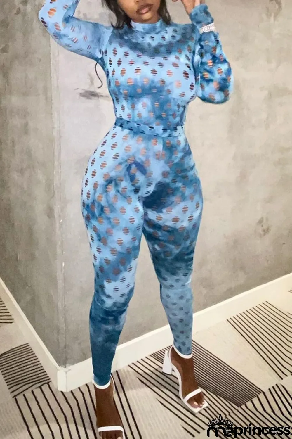 Blue Fashion Casual Print Ripped Turtleneck Long Sleeve Two Pieces