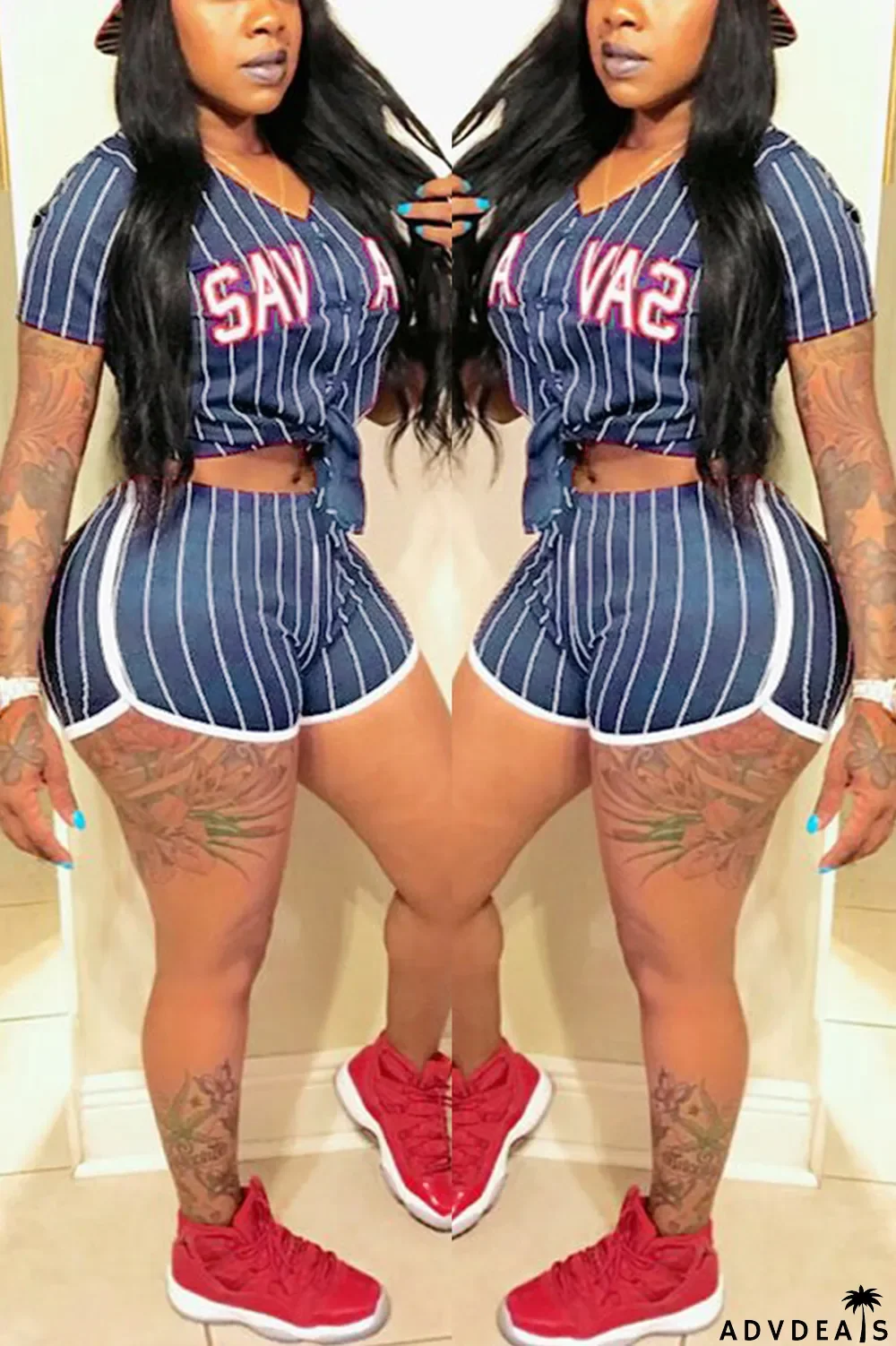 Yellow Fashion Sexy Casual Street Sportswear Letter Striped Print Split Joint Buttons Cardigan Short Sleeve Two Pieces