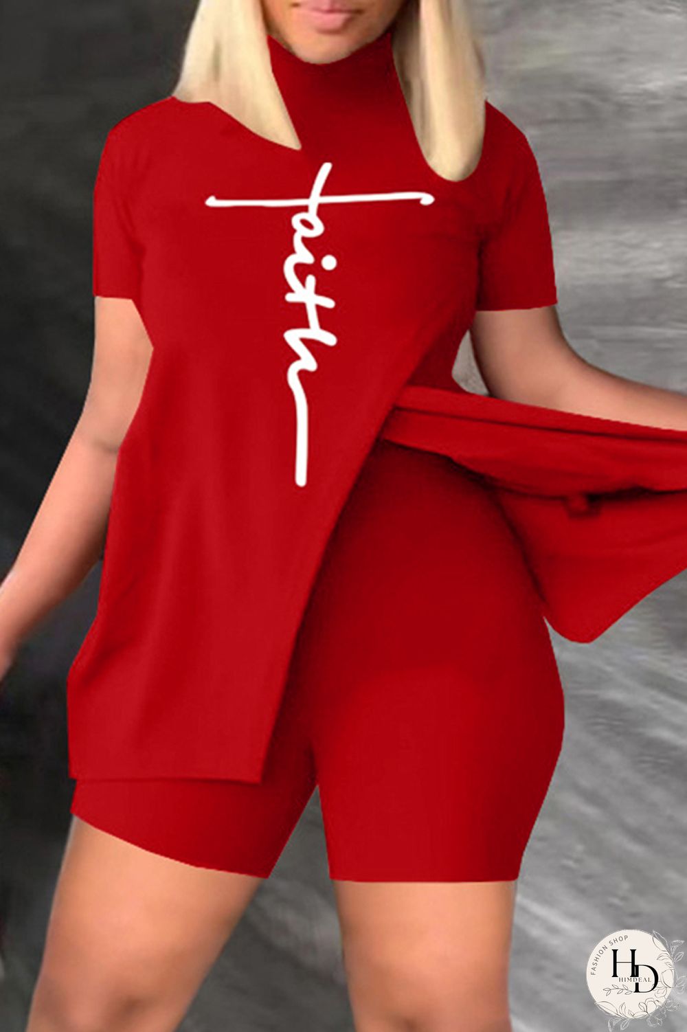 Khaki Casual Print Slit Turtleneck Short Sleeve Two Pieces