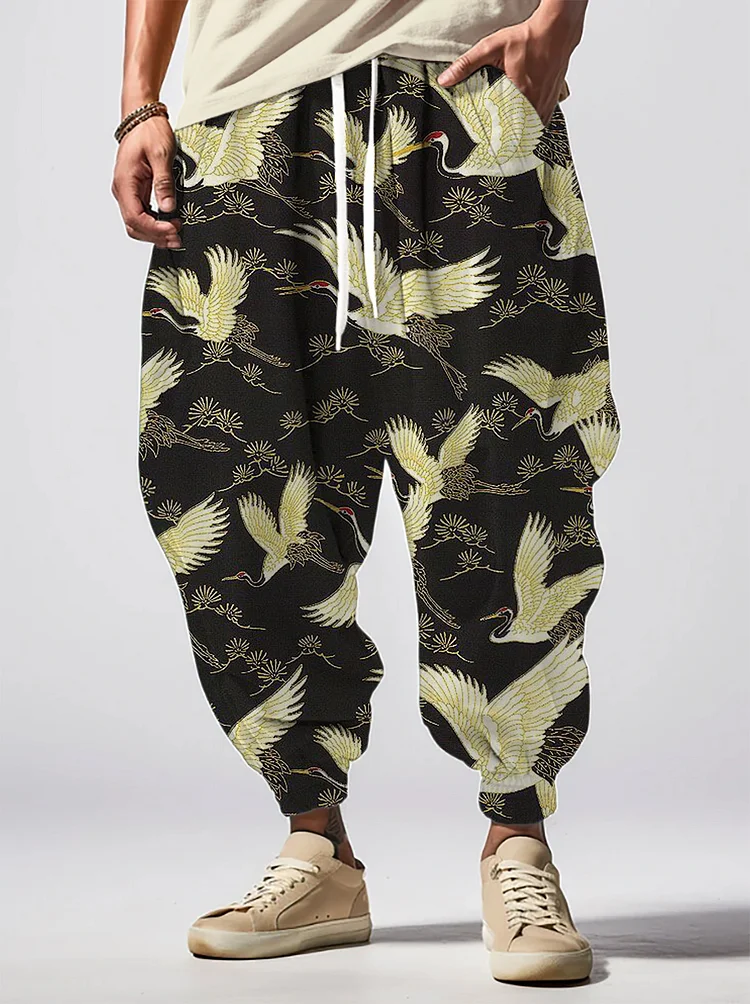 Men's Japanese Pine And Crane Art Print Casual Loose Drawstring Waist Sweatpants