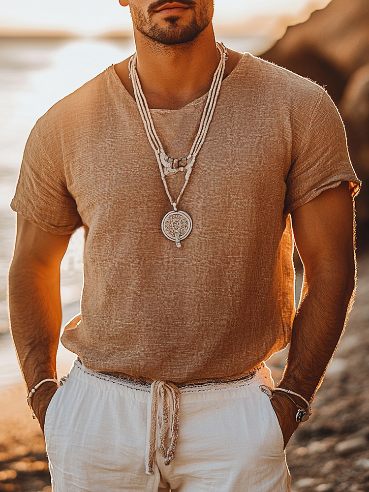 Comstylish Men's Casual Fashion Solid Color Cotton And Linen Basic T-shirt