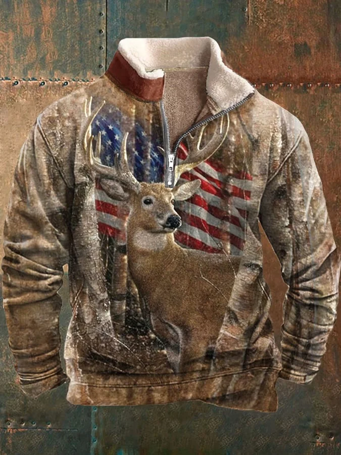 Men's Vintage American Flag Deer Print Casual Sweatshirt