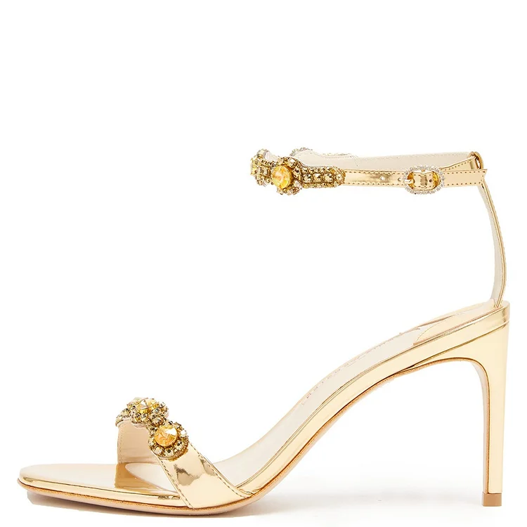 Gold Rhinestone Ankle Strap Heels Sandals |FSJ Shoes