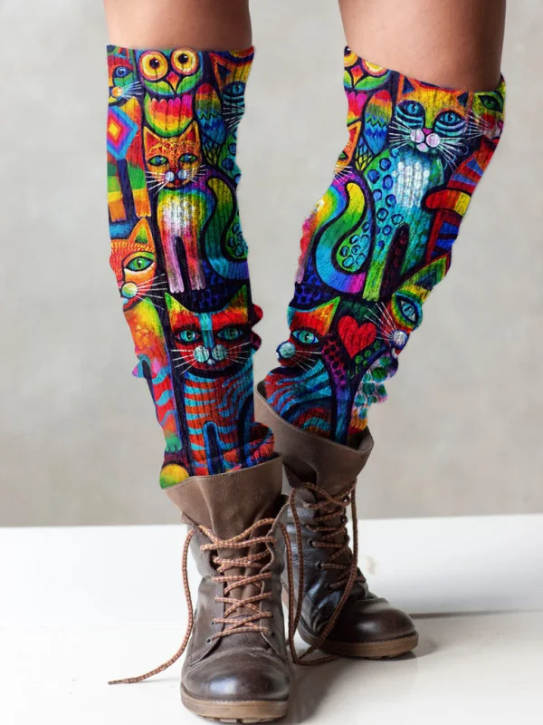 （Ship within 24 hours）Retro cat print knit boot cuffs leg warmers