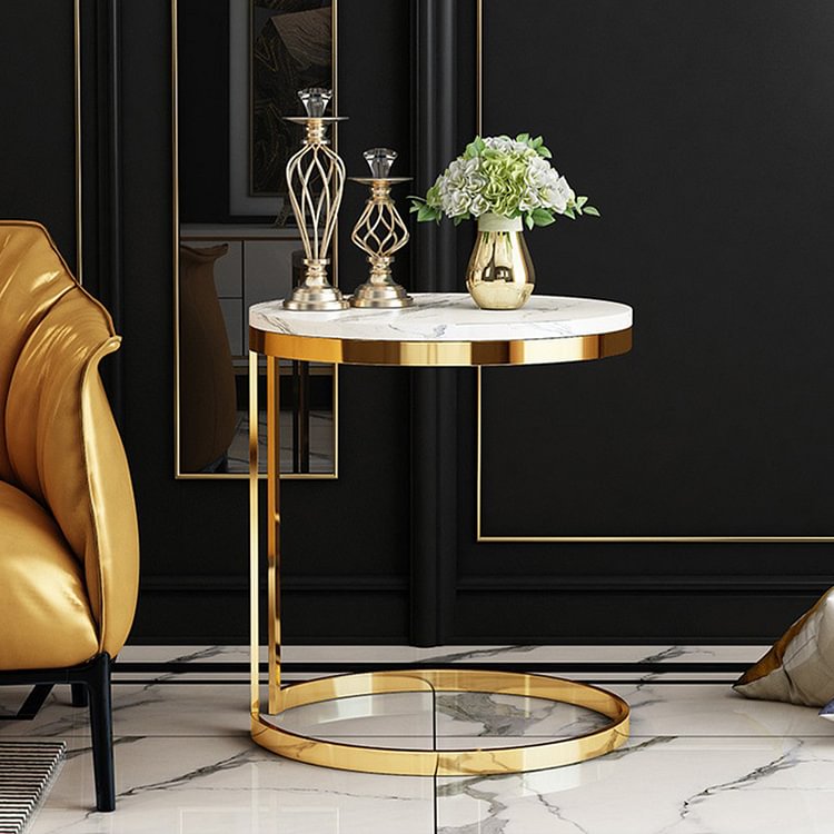 Homemys White Round Side Table with Gold Stainless Steel Frame
