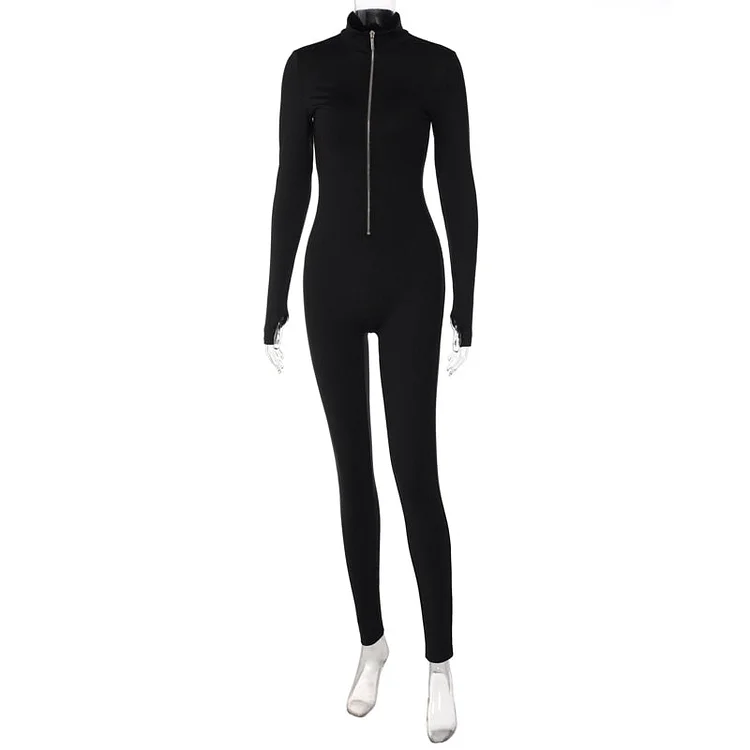 Hugcitar Zipper Neck Solid Long Sleeve Jumpsuit Women 2021 Fall Slim Monos Mujer Elegante комбинезон женский Combinaison Femme