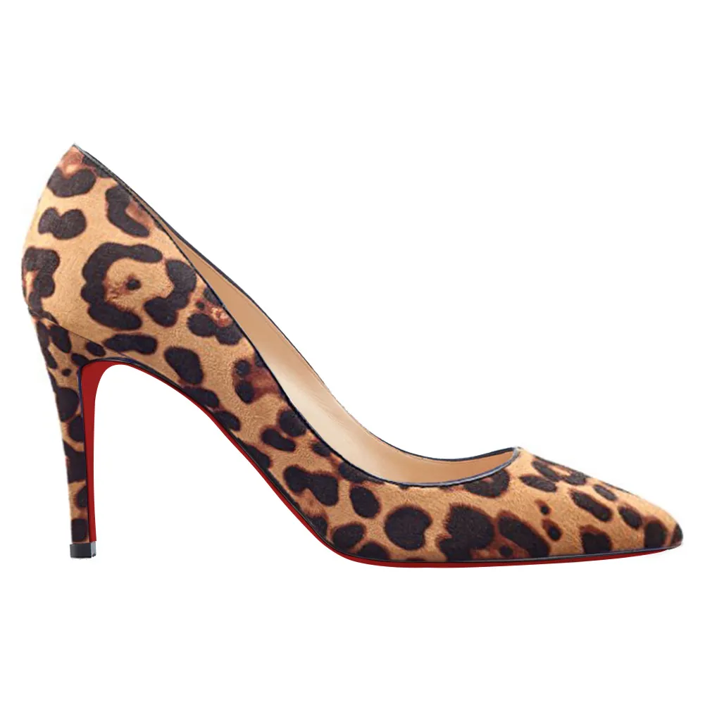 90mm Middle Heels Pointy Toe Pumps Leopard Suede-vocosishoes