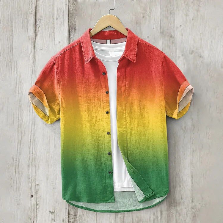 Men's Reggae Pattern Art Short Sleeve Linen Blend Shirt
