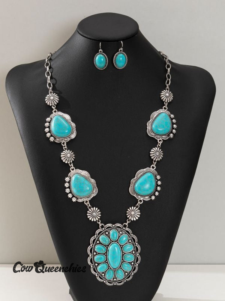 Vintage Necklace Turquoise Earrings Green / Set