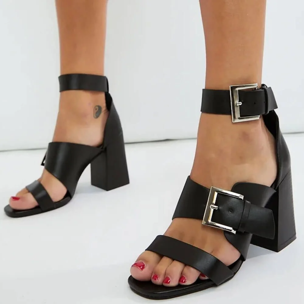 Black Simple Sandals Women's Chunky Heels With Ankle Buckle