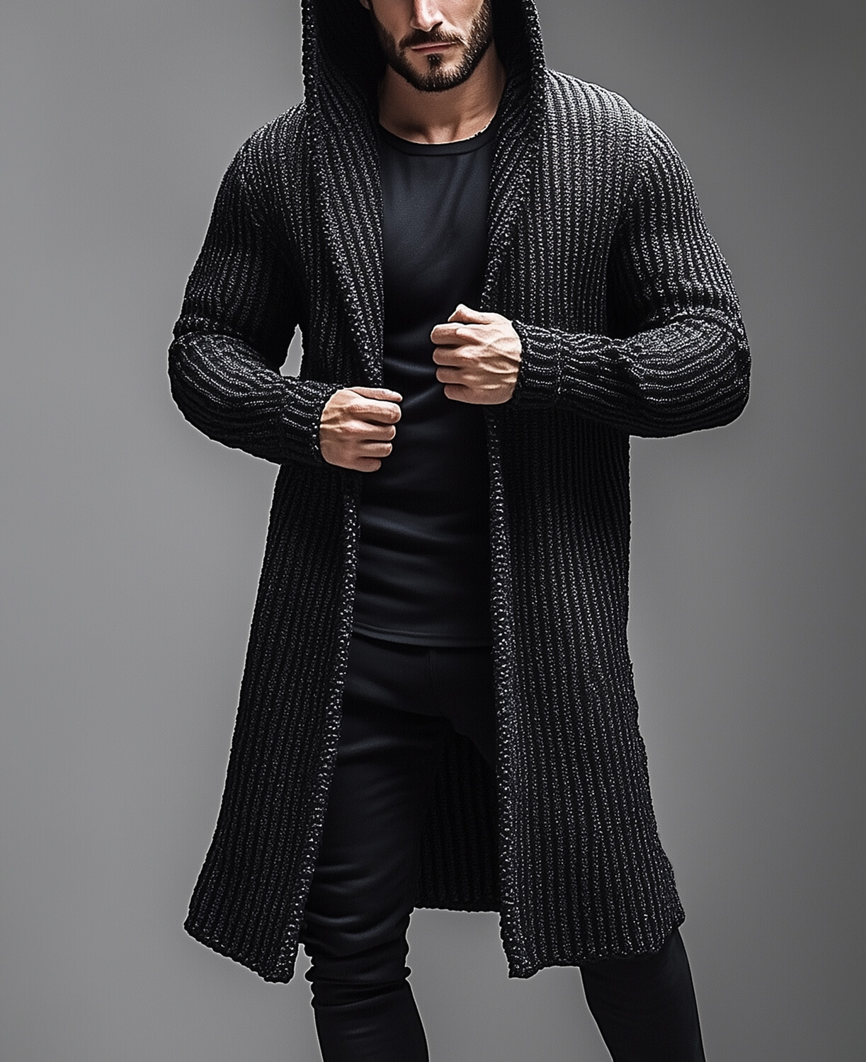 Okaywear Knit Long Sleeve Hooded Mid-Length Cardigan Sweater