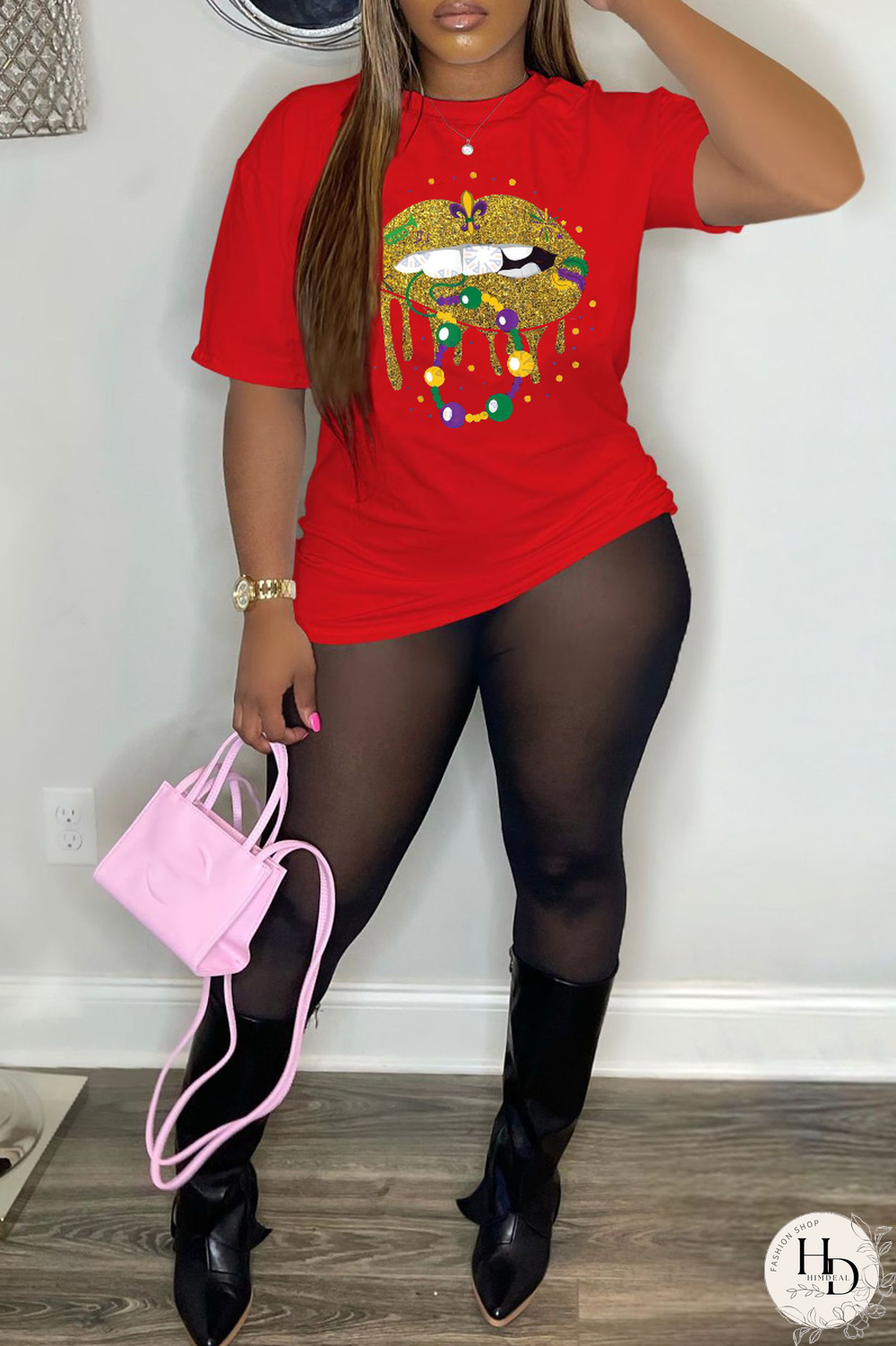 White Party Vintage Lips Printed Patchwork O Neck T-Shirts