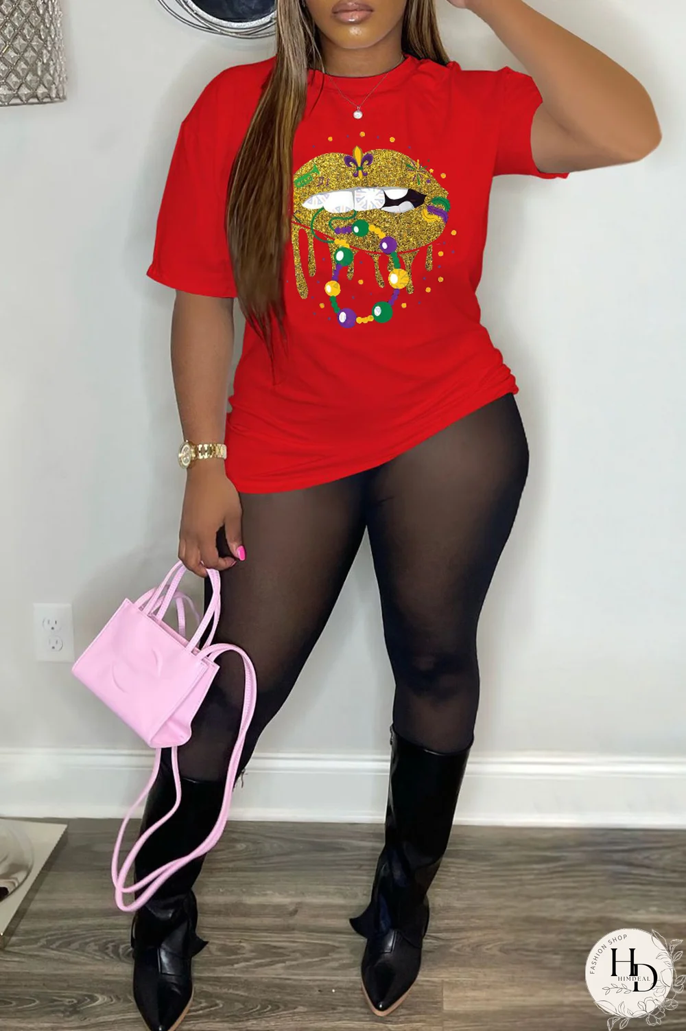 White Party Vintage Lips Printed Patchwork O Neck T-Shirts