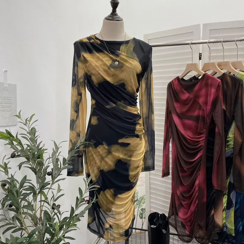Brownm Vintage Tie-Dye Printing Irregular Folded Mesh Yarn Body-Body-Sleeve Dress 9901