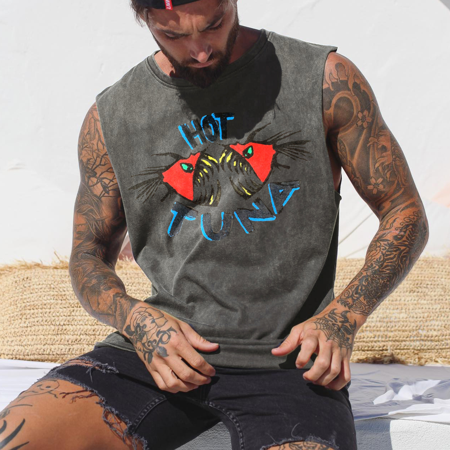 Vintage Unisex Oversized Sleeveless T-shirt Seaside Holiday Surfing Print Vest / TECHWEAR CLUB / Techwear