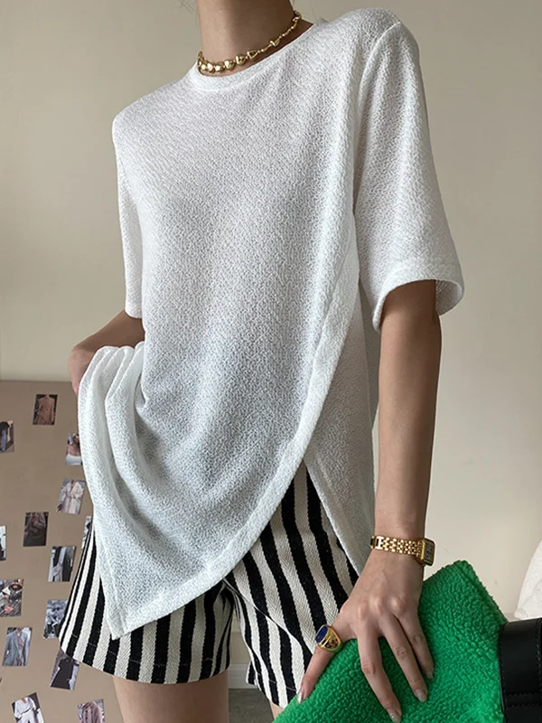 Half Sleeves Loose Asymmetric See-Through Solid Color Split-Front Round-Neck T-Shirts