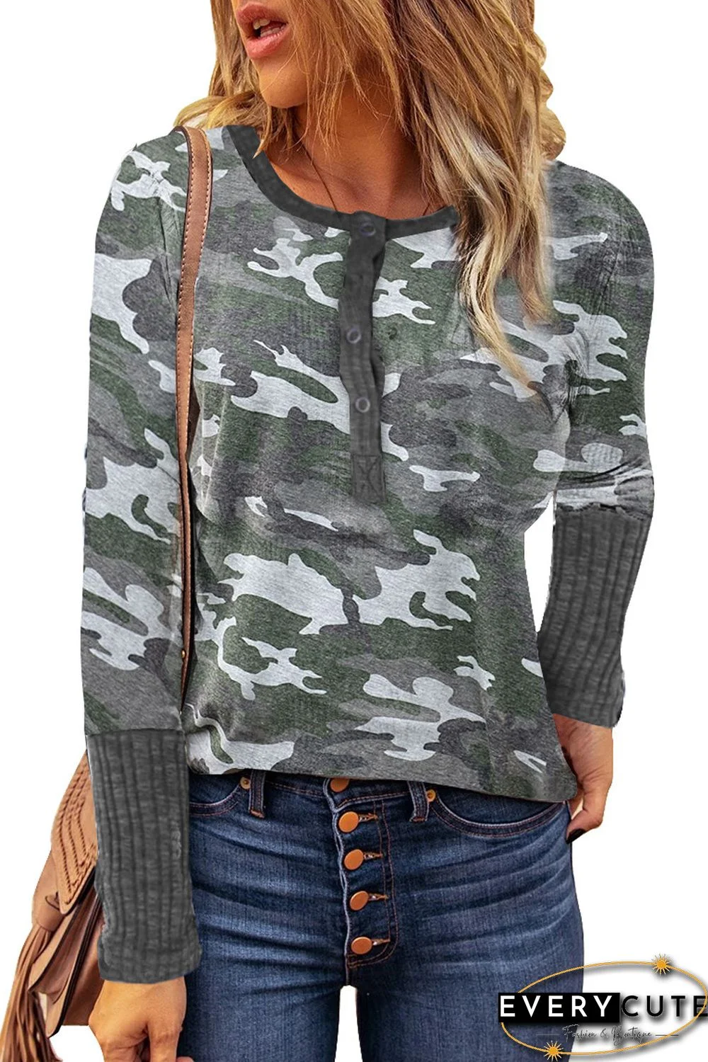 Green Camo Print Ribbed Sleeve Cuffs Top