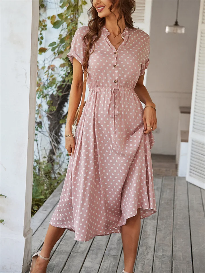 Polka Dot Dress Summer New Mori Female Hundred with Shirt Collar Hem Skirt