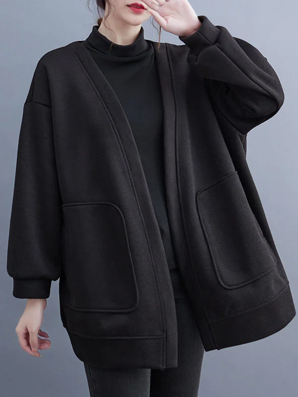 Solid Color Pockets Loose Long Sleeves Collarless Outerwear