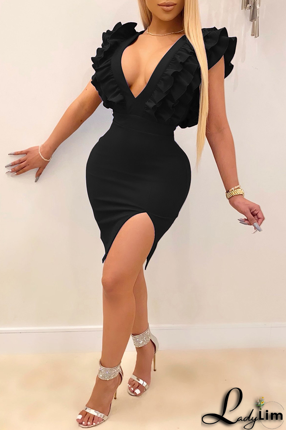 Blue Sexy Solid Flounce V Neck Pencil Skirt Dresses