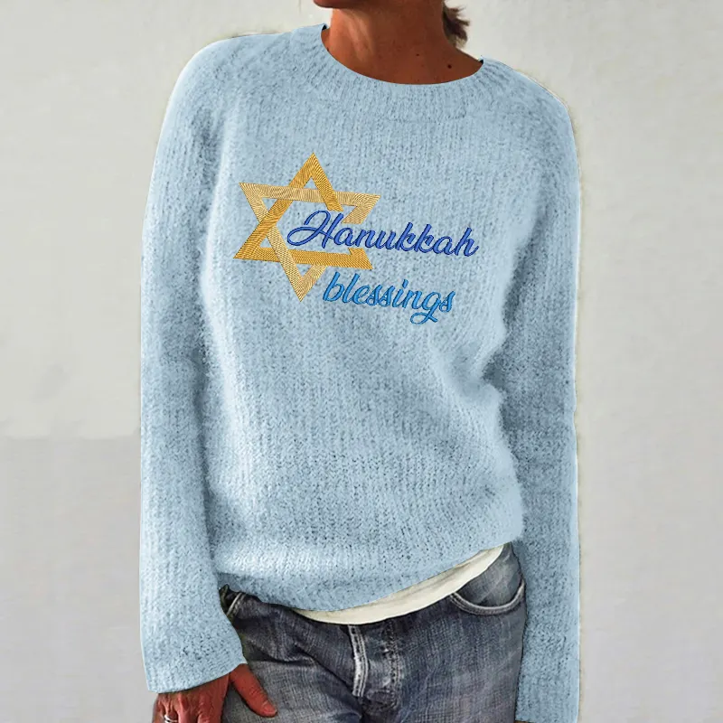 Women's Hanukkah Embroidery Print Cozy Knit Sweater