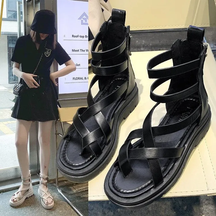 Net red sandals women's spring and summer 2021 new clip toe thick-soled muffin after zip Rome high help hollow boots zapatillas