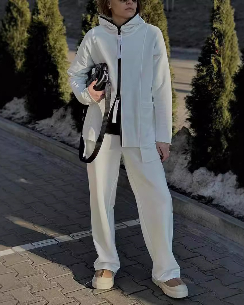 High Neck Hooded Zip Up Sweatshirt & Wide Leg Sweatpants Set