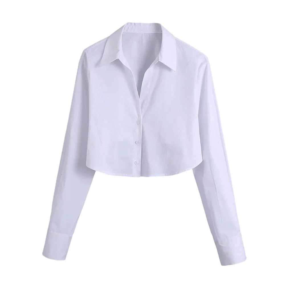 TRAF Women Fashion Cropped Poplin White Blouses Vintage Long Sleeve Back Elastic Detail Female Shirts Blusas Chic Tops