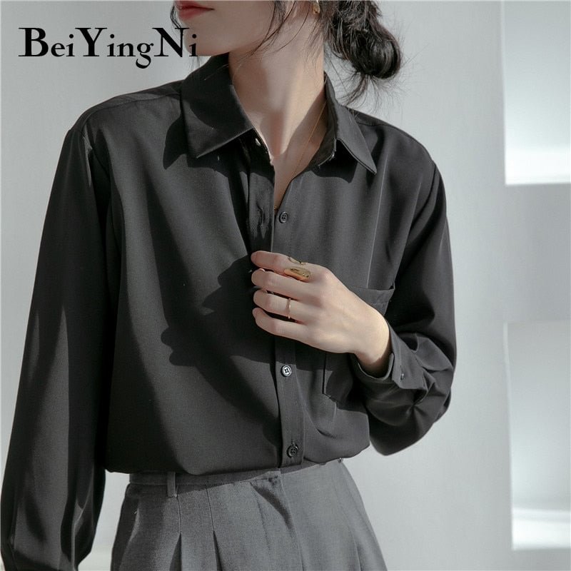 Beiyingni Womens Tops And Blouses Solid Color Pocket Chiffon Casual Office Ladies Blusas White Black Shirt Female Blouse Clothes