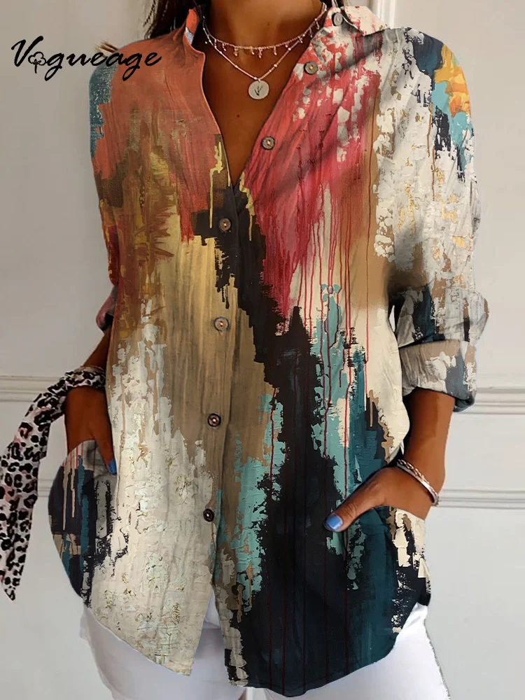 Casual Colorful Watercolor Color Lines Ripples Long Sleeves Printed Cotton And Linen Shirt