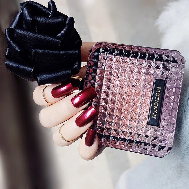 24pcs/set Vampire Wine Red Fake Nails Long Square Plastic Solid Full Press on Nail Tips Free With Nail Glue-Nail Inspo