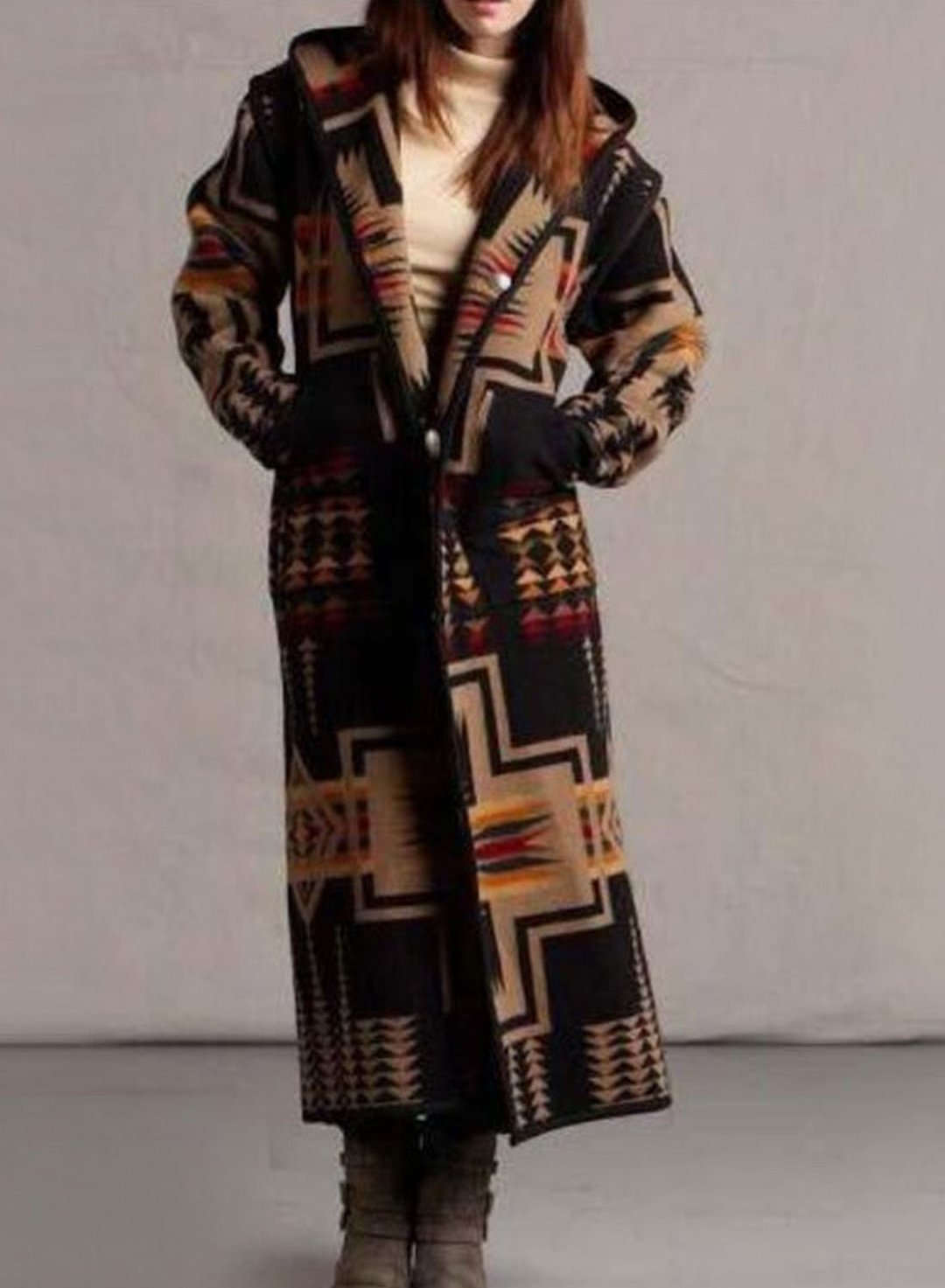Women's Aztec Cardigan Sweater Coats Tribal Vintage Navajo Long Sweater Tribal Cardigan Hooded Casual Buttons Maxi Coat-PastoralHome-Allyzone