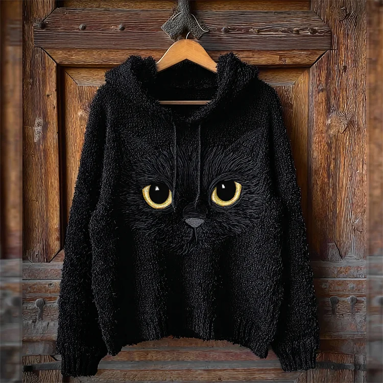 Lovely Black Cat Face Fuzzy Cozy Knit Hooded Sweater