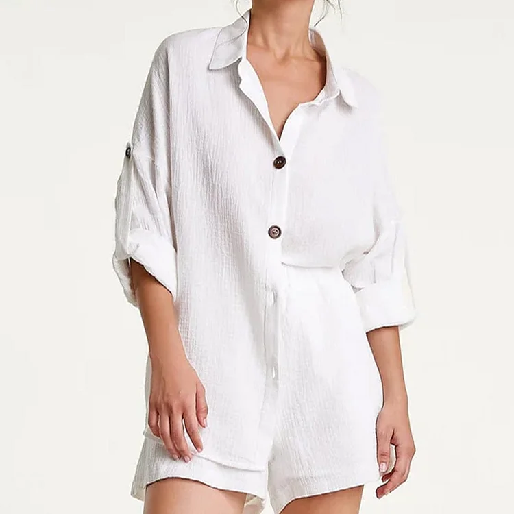 White Cotton Button-Up Shirt & Shorts Two-Piece Set QueenFunky
