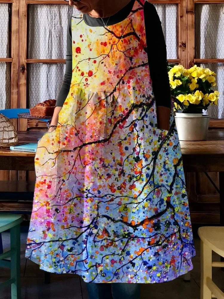 Colorful Tree Watercolor Art Midi Pinafore Dress