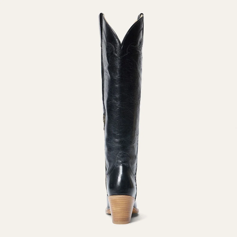 Black Snip Toe Chunky Heel Side Zipper Western Boots for Women