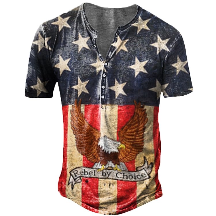 Men's Vintage American Flag Eagle Print Henley Collar T-Shirt