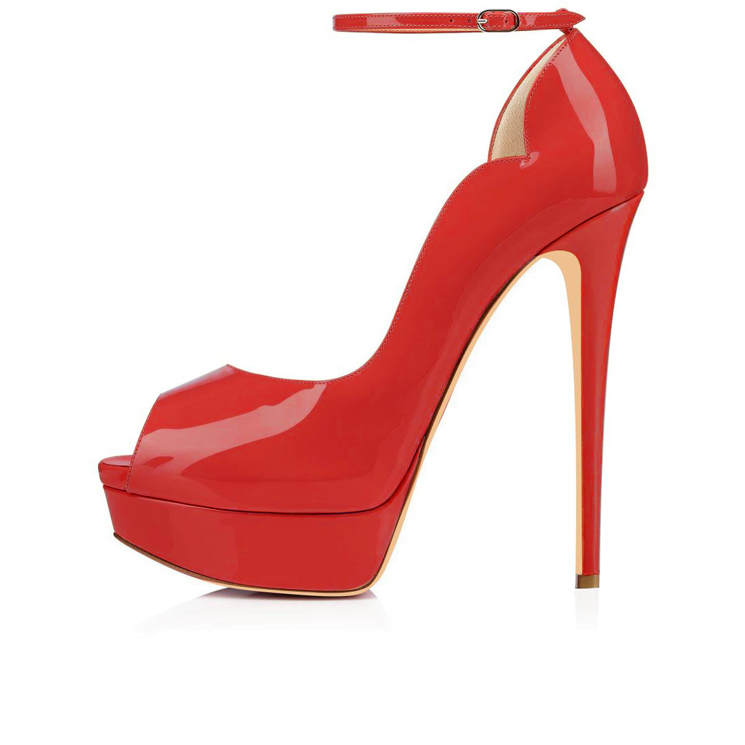 15cm/5.9 inch Ankle Strap Platform Shoes High Heels Peep Toe Patent Pumps