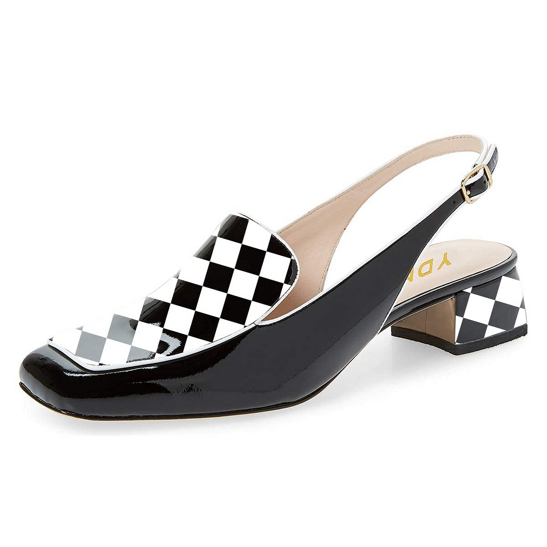 Black Square Toe Sandals Chunky Heel Slingback Checkerboard Pattern Sandals