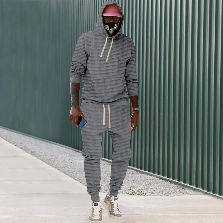 Broswear Solid Color Casual Checkered Long Sleeve Hoodie And Pants Co-Ord
