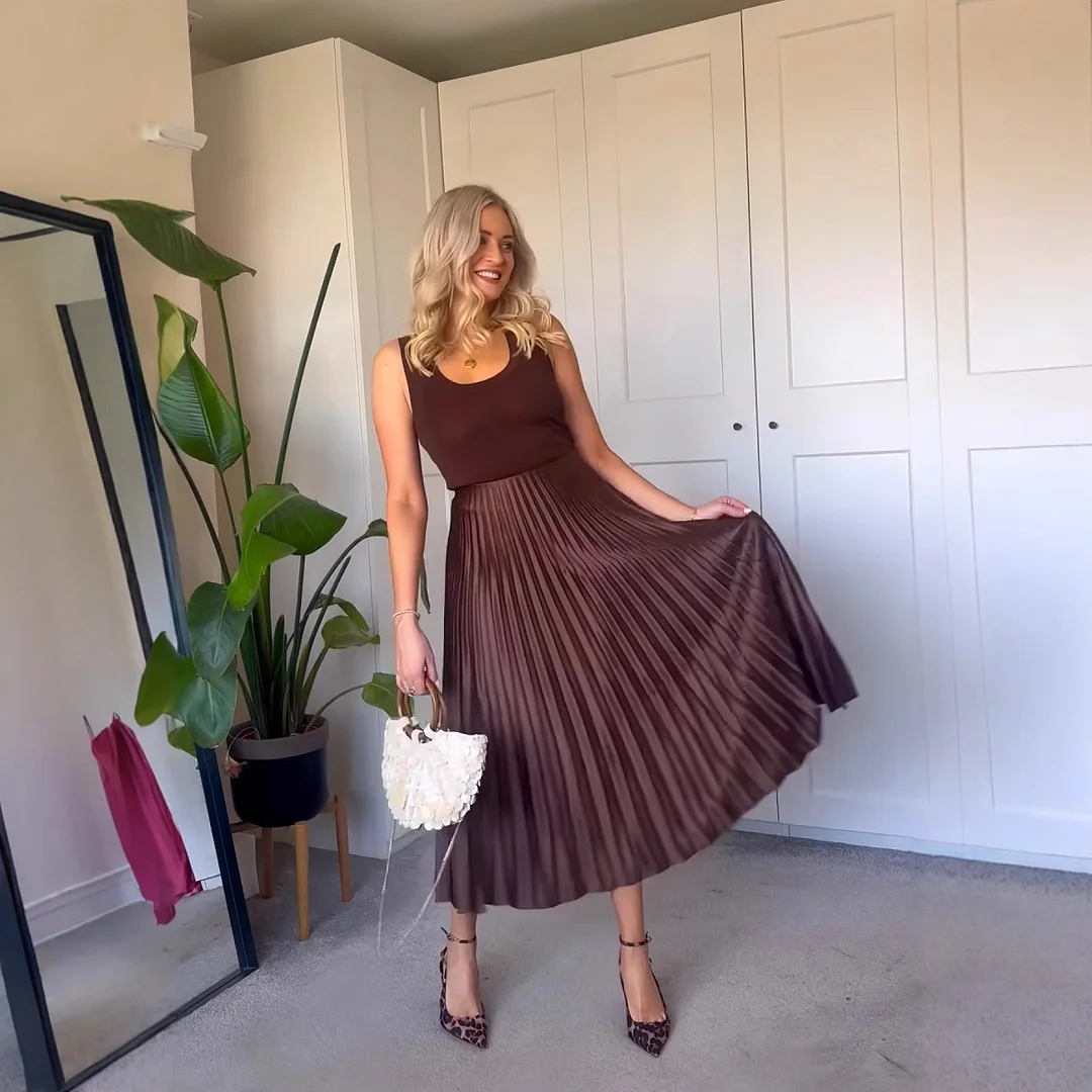 Nigikala Nigikala Women's Clothing Simouflide Stew Stew Stew Folding Skirt High Waist-Hanging Long Dress