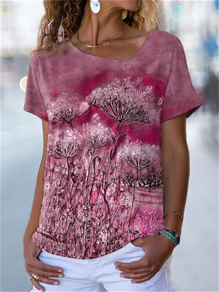 Summer New Temperament Commuter Women's Plant Print Short-sleeved T-shirt Loose Type Comfortable Casual Tops-Mixcun