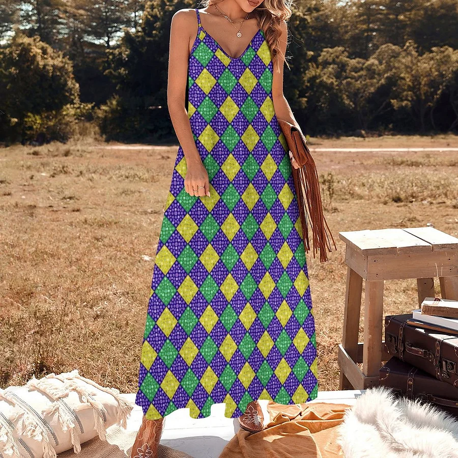 Mardi Gras Harlequin Diamond Carnival Women's Casual Strappy V Neck Sleeveless Flowy Loose Long Maxi Beach Dress Sundress Mardi Gras-5XL