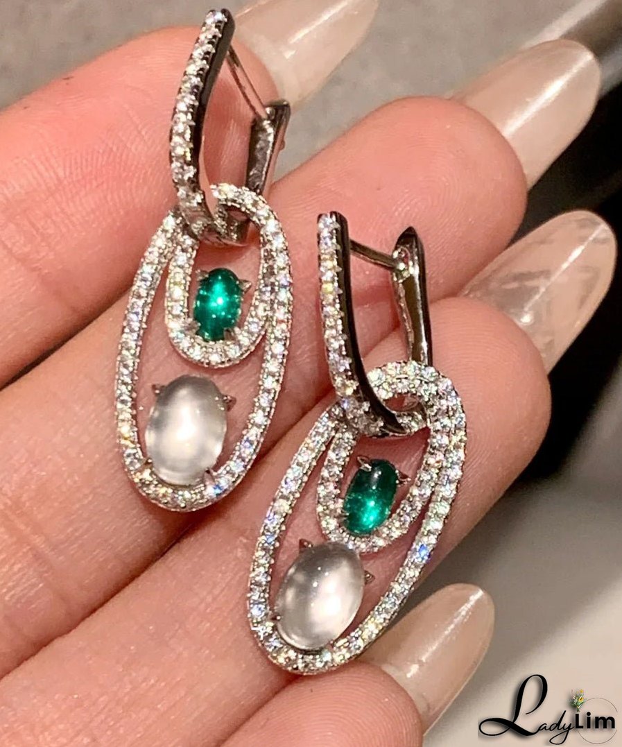 Chinese Style Green Sterling Silver Alloy Zircon Jade Egg Shaped Hoop Earrings