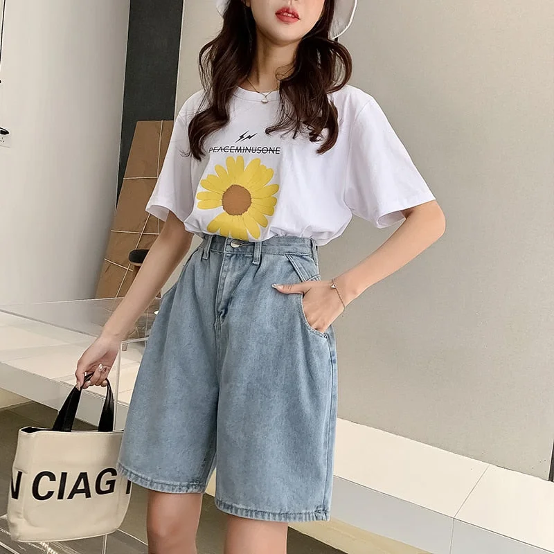 FTLZZ New Woman Wide Legs High Waist Blue Knee-lenght Denim Shorts Casual Female Loose Fit Jeans Vintage Ladies Bermuda Shorts