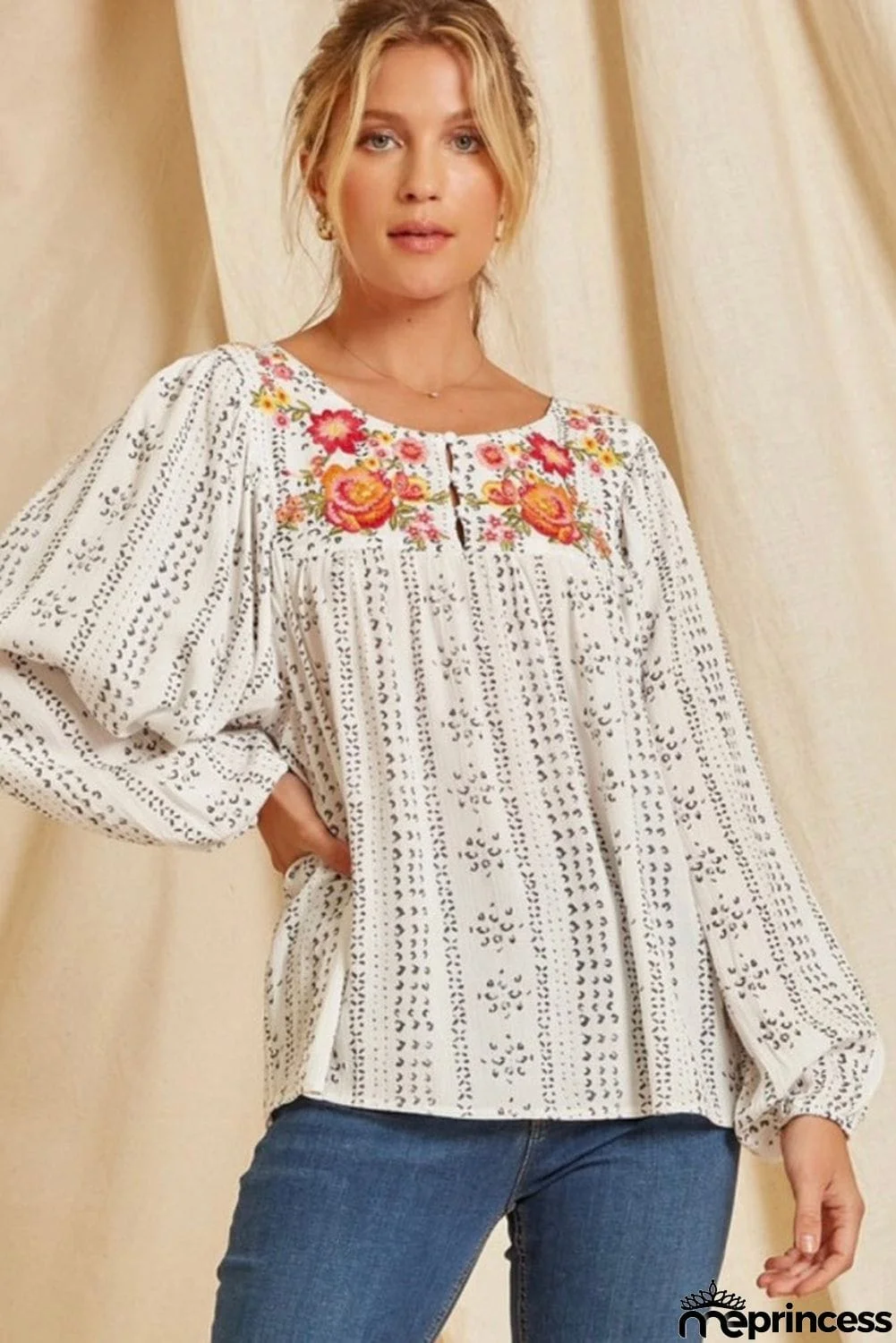 Beige Long Sleeve Embroidered Print Blouse